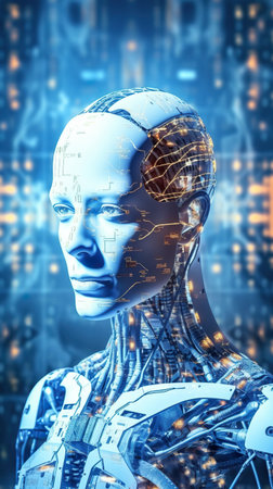 A womans head and torso with a city in the background. Generative AI.の素材