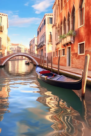 A gondola on a canal with a bridge in the background. Generative AI.の素材