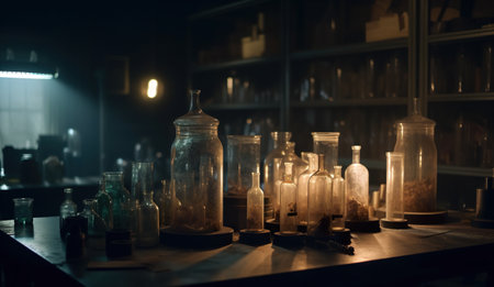 A bunch of bottles sitting on top of a wooden table. AI generative.の素材