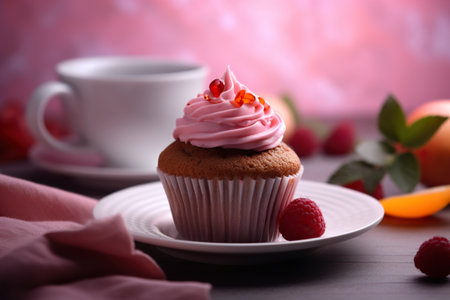 A cupcake with pink frosting and raspberries on a plate. AI generative.の素材
