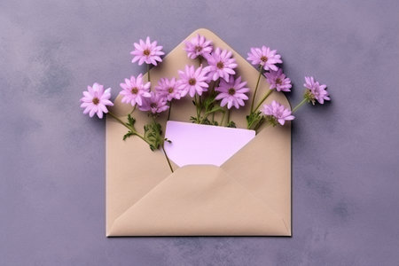 An open envelope with a bunch of purple flowers in it. Generative AI.の素材