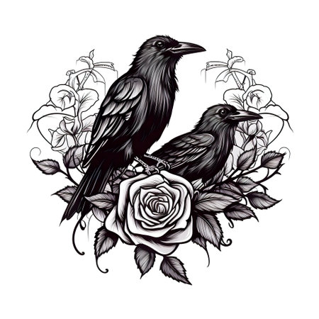 Two black birds sitting on top of a rose. Generative AI.の素材