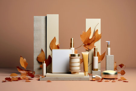 A group of cosmetics products sitting on top of a table. Generative AI. Autumn cosmetics mockup display.の素材