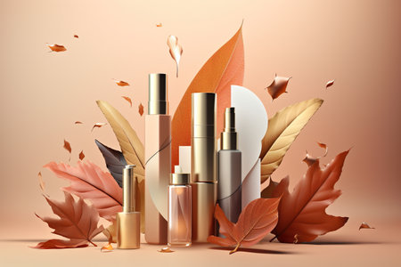 A group of cosmetics bottles and leaves on a beige background. Generative AI. Autumn cosmetics mockup display.の素材