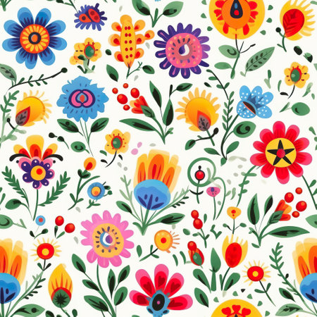 A pattern of colorful flowers on a white background. Generative AI. Polish folk art.の素材