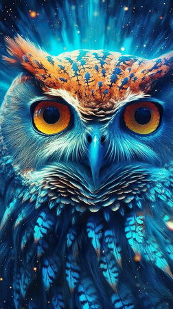 A close up of an owls face with bright yellow eyes. Generative AI.の素材