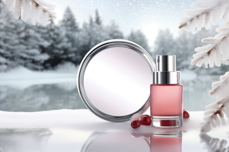 A bottle of perfume sitting next to a mirror. Generative AI. Christmas, winter cosmetic product presentation.の素材