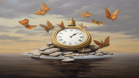 A clock sitting on top of a pile of rocks. Generative AI.の素材