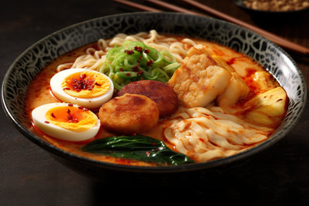 A bowl of ramen with eggs and noodles. Generative AI.の素材