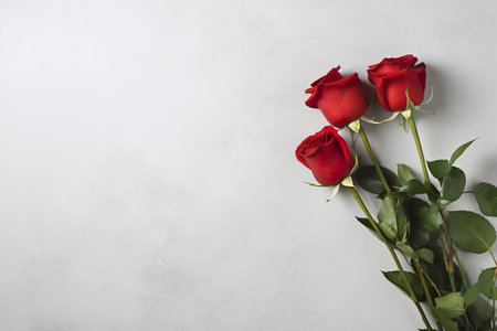 A bunch of red roses sitting on top of a table. Generative AI. Copy space, place for text, copyspace.の素材