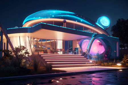 A futuristic house with a pool in front of it. Generative AI. Futuristic mid century house.の素材