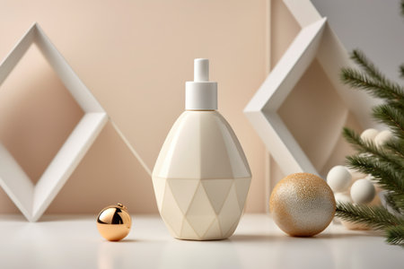 A bottle of lotion sitting next to a christmas tree. Generative AI. Christmas, winter cosmetic product presentation.の素材