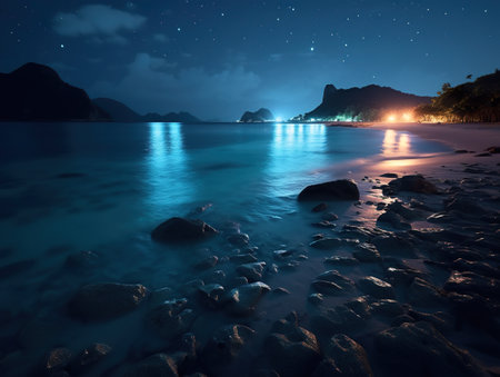 A beach at night with rocks in the water. Generative AI.の素材