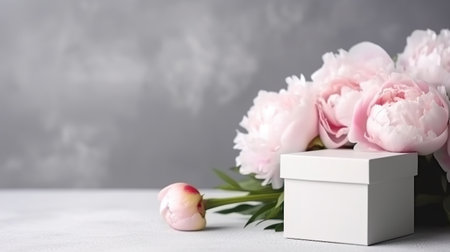 Pink peony flowers next to a present. Generative AI. Copy space, place for text, copyspace.の素材