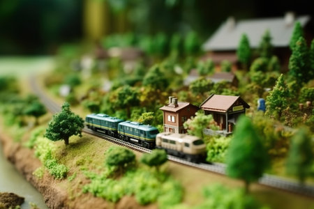 A model train is traveling down the tracks. Generative AI.の素材