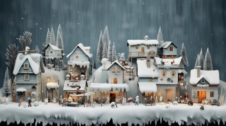 A christmas cardboard village with a lot of snow on the ground. Generative AI.の素材