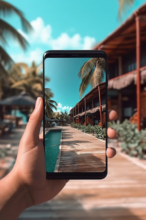 A person holding up a cell phone with a picture of a resort in the background. Generative AI.の素材