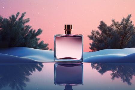 A bottle of perfume sitting on top of a snow covered ground. Generative AI. Christmas, winter cosmetic product presentation.の素材