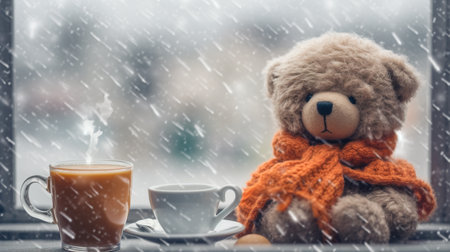 A teddy bear sitting next to a cup of coffee. Generative AI. Autumn tea on rainy day.の素材