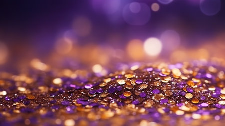 A close up of a purple and gold glitter background. Generative AI.の素材