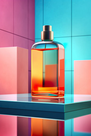 A bottle of perfume sitting on top of a table. Generative AI.の素材