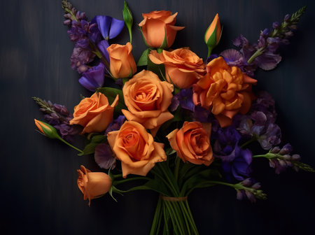 A bouquet of orange roses and purple flowers. Generative AI.の素材