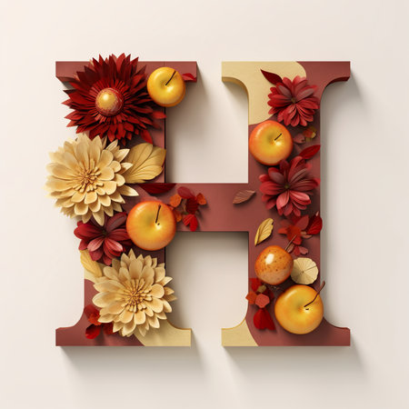 The letter h is made of paper flowers and apples. Generative AI.の素材