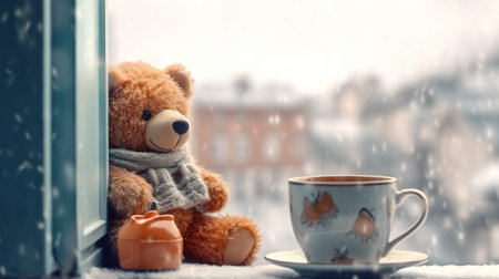 A teddy bear sitting next to a cup of coffee. Generative AI. Autumn tea on rainy day.の素材