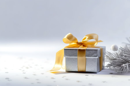 A silver gift box with a gold ribbon and a bow. Generative AI. Christmas gift box.の素材