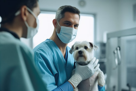 Veterinarian, an animal doctor checking a dog, a bulldog at a vet clinic, AI generative image.の素材