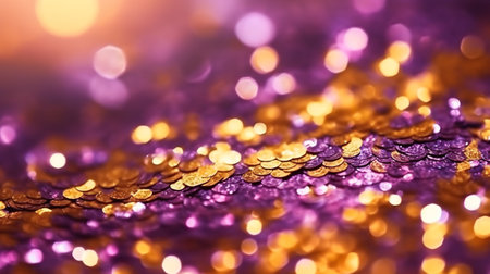 A close up of a purple and gold glitter background. Generative AI.の素材