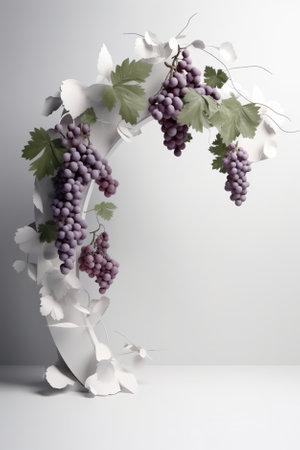 Arch mockup, stage or product display with grape vine and grapes on off white background.の素材