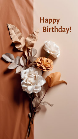 Greeting Happy Birthday. A bunch of flowers sitting on top of a table. Generative AI.の素材