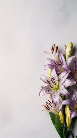A close up of a bunch of lily flowers on a table. Generative AI. Copy space, place for text, copyspace.の素材