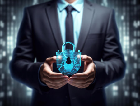A man in a suit holding a padlock in his hands. Generative AI. Cyber cecurity concept image.の素材