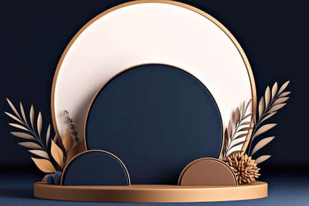 Podium mockup, display stand, platform, pedestal, stage. Studio, showroom or showcase podium, product presentation stand. Midnight blue, off white and brown circular shapes with bronze leaves.の素材