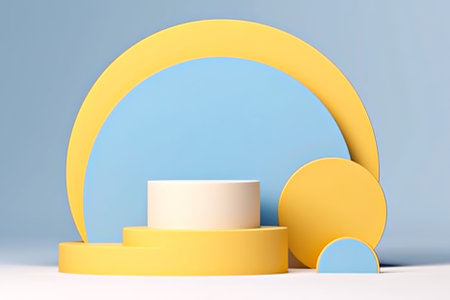 Podium mockup, display stand, platform, pedestal, stage or scene. Studio, showroom or showcase podium, product presentation stand. Generative AI Light blue, yellow and off white circular shapes.の素材