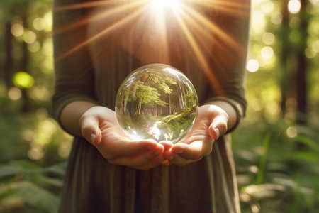 A person holding a glass ball with a plant inside of it. Generative AI.の素材