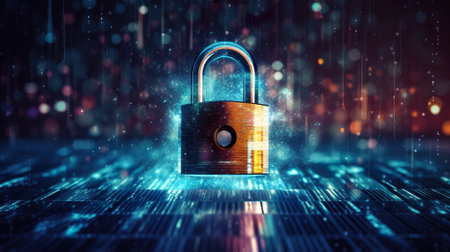 A closed padlock on a digital background. Generative AI. Cyber cecurity concept image.の素材