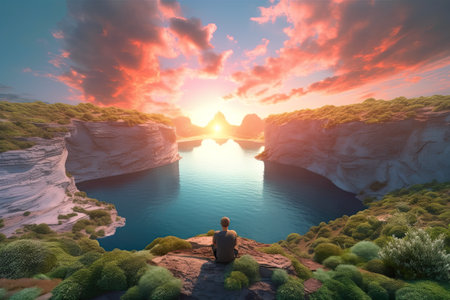 Tiny human figure meditates on the edge of a cliff, surrounded by exotic landscape with palms and jungle forest. Generative AI.の素材