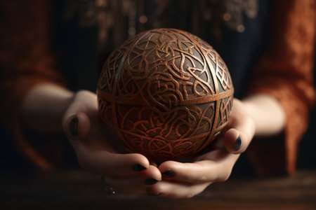 A woman holding a decorative object in her hands. Generative AI.の素材