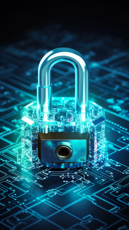 A close up of a lock on a circuit. Generative AI. Cyber cecurity concept image.の素材