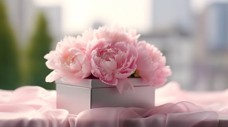 Pink peony flowers next to a present. Generative AI. Copy space, place for text, copyspace.の素材