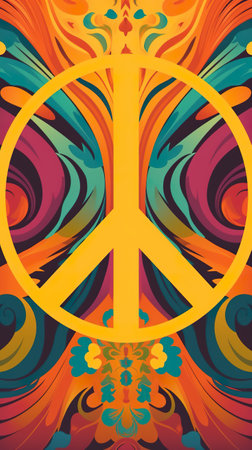 A peace sign on a colorful background with swirls. Generative AI.の素材
