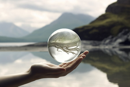 A person holding a glass ball with a jelly inside of it. Generative AI.の素材