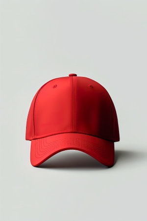 Red baseball hat mockup on neutral grey background, AI generativeの素材