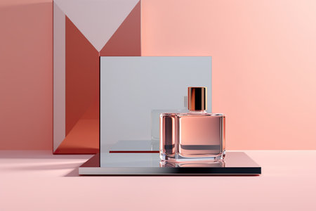 A bottle of perfume sitting on top of a table. Generative AI.の素材
