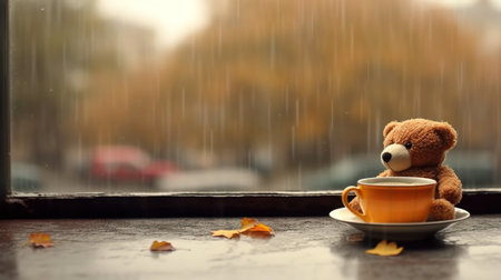 A teddy bear sitting on a window sill next to a cup of coffee. Generative AI. Autumn tea on rainy day.の素材