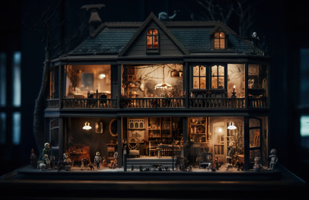 A doll house with a lot of furniture inside of it. AI generative.の素材
