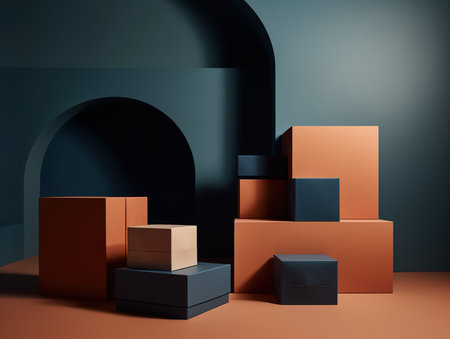 Vibrant geometric composition, product display background. Dark green and brown colors. A group of boxes sitting on top of a table. Generative AI.の素材